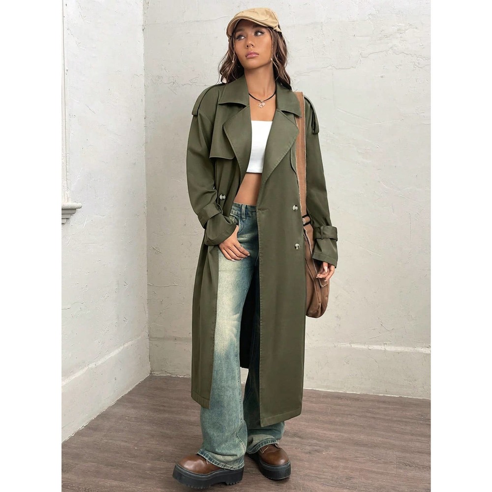 preppy olive green Lapel collar Double Breasted Belted Trench Coat - Picture 4 of 7